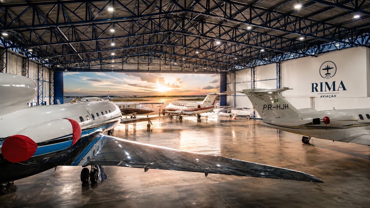Referência fotográfica RIMA com aeronaves em hangar e luz de pôr do sol